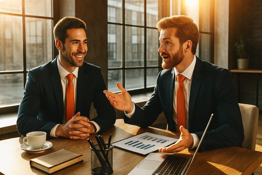 Business people chatting during insurance broker consultative selling training online.