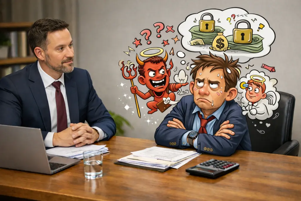 Why clients don’t trust financial advice straight away, financial adviser explaining a plan clearly to a client in a meeting