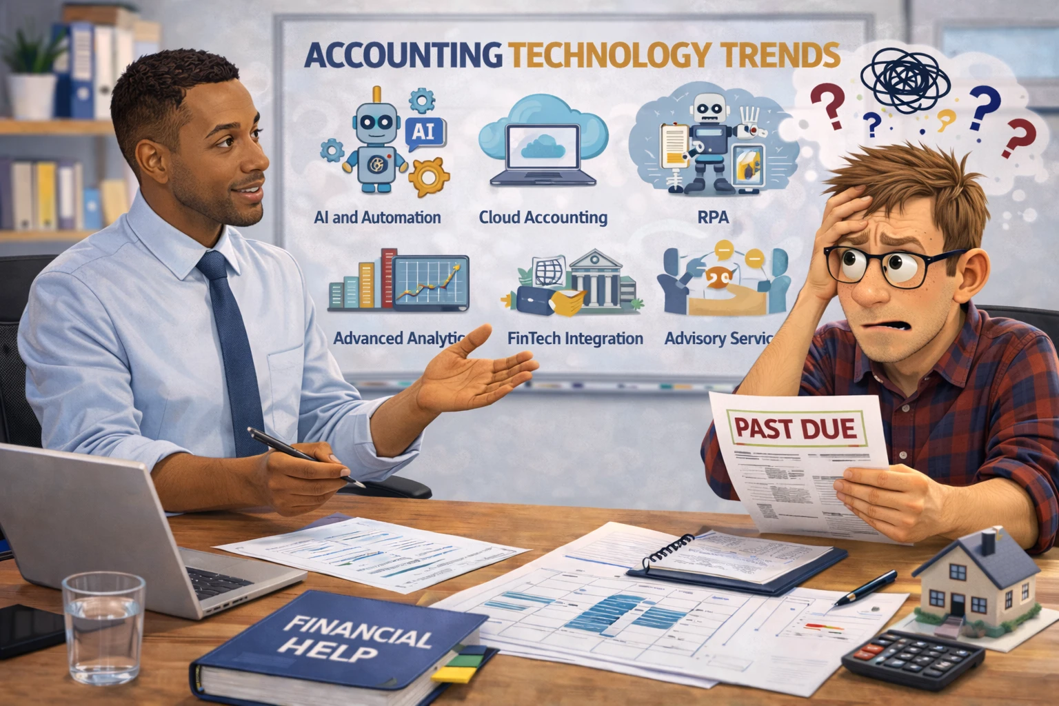 Accounting technology trends shown on a laptop dashboard with AI in accounting, accounting automation, cloud accounting software, and analytics