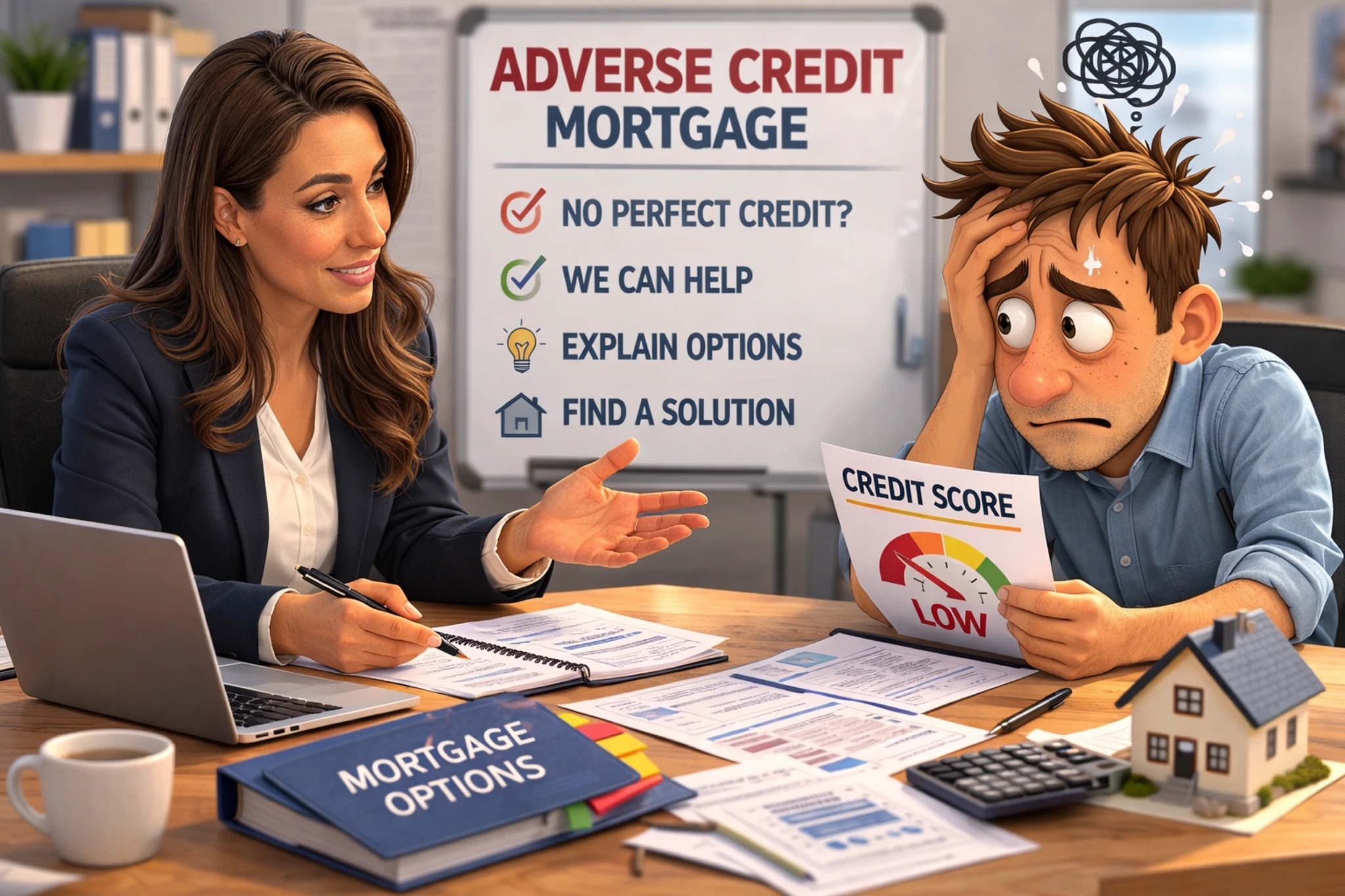 Adverse credit mortgage advice in the UK, paperwork and calculator for buyers with CCJs, defaults, missed payments, or poor credit history