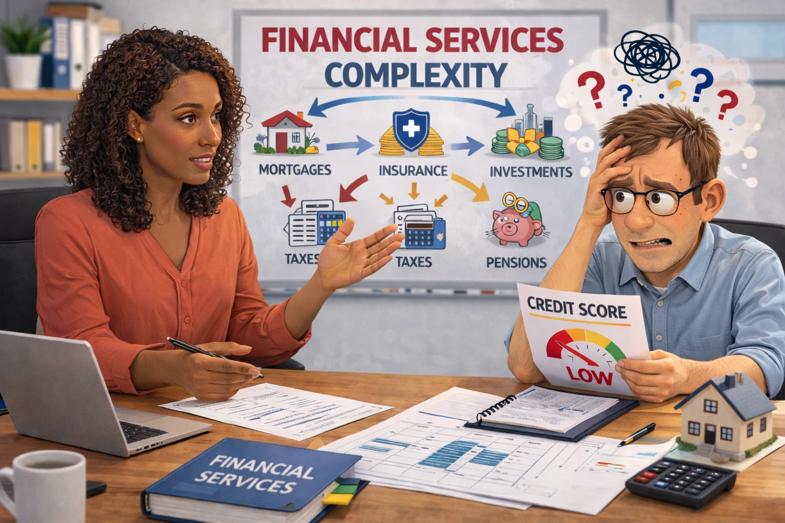 Financial adviser simplifying financial services complexity for a client with clear charts, plain language notes and an easy to understand money discussion
