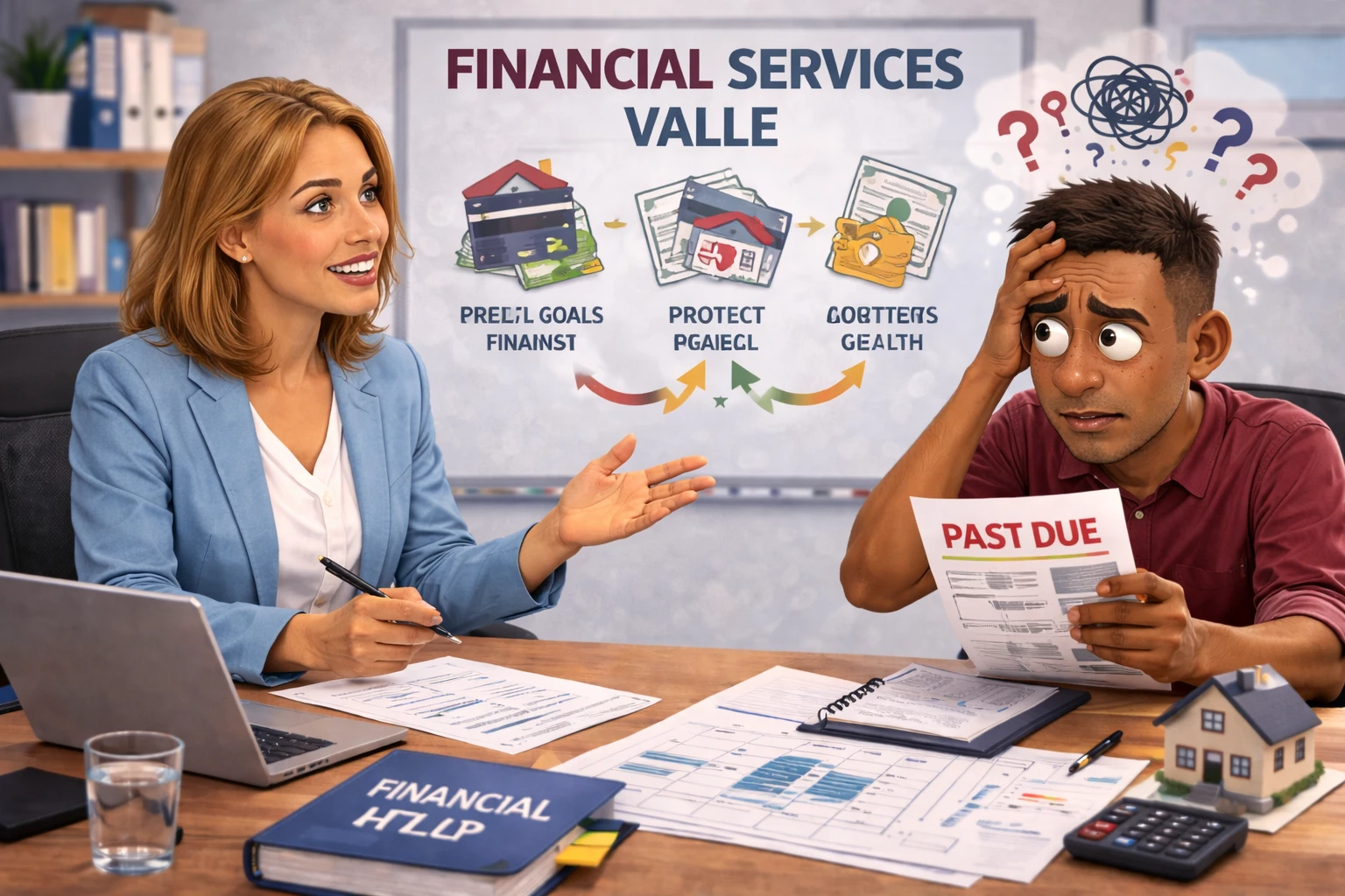 Adviser explaining financial services value to a client with charts, documents and a clear breakdown of fees and long term benefits.