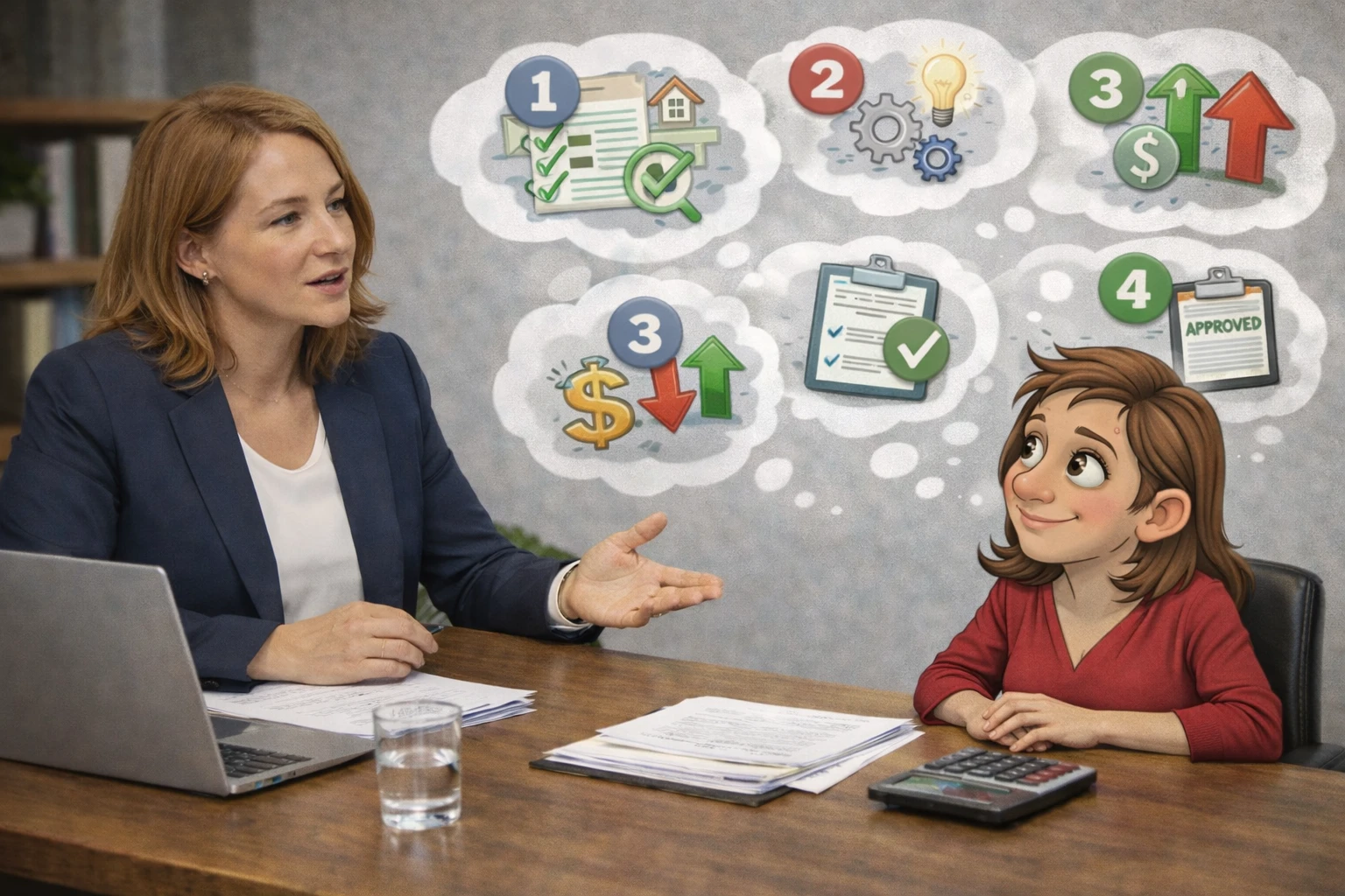 Mortgage adviser sales training session showing an adviser explaining mortgage options clearly to clients during a trust based financial advice conversation