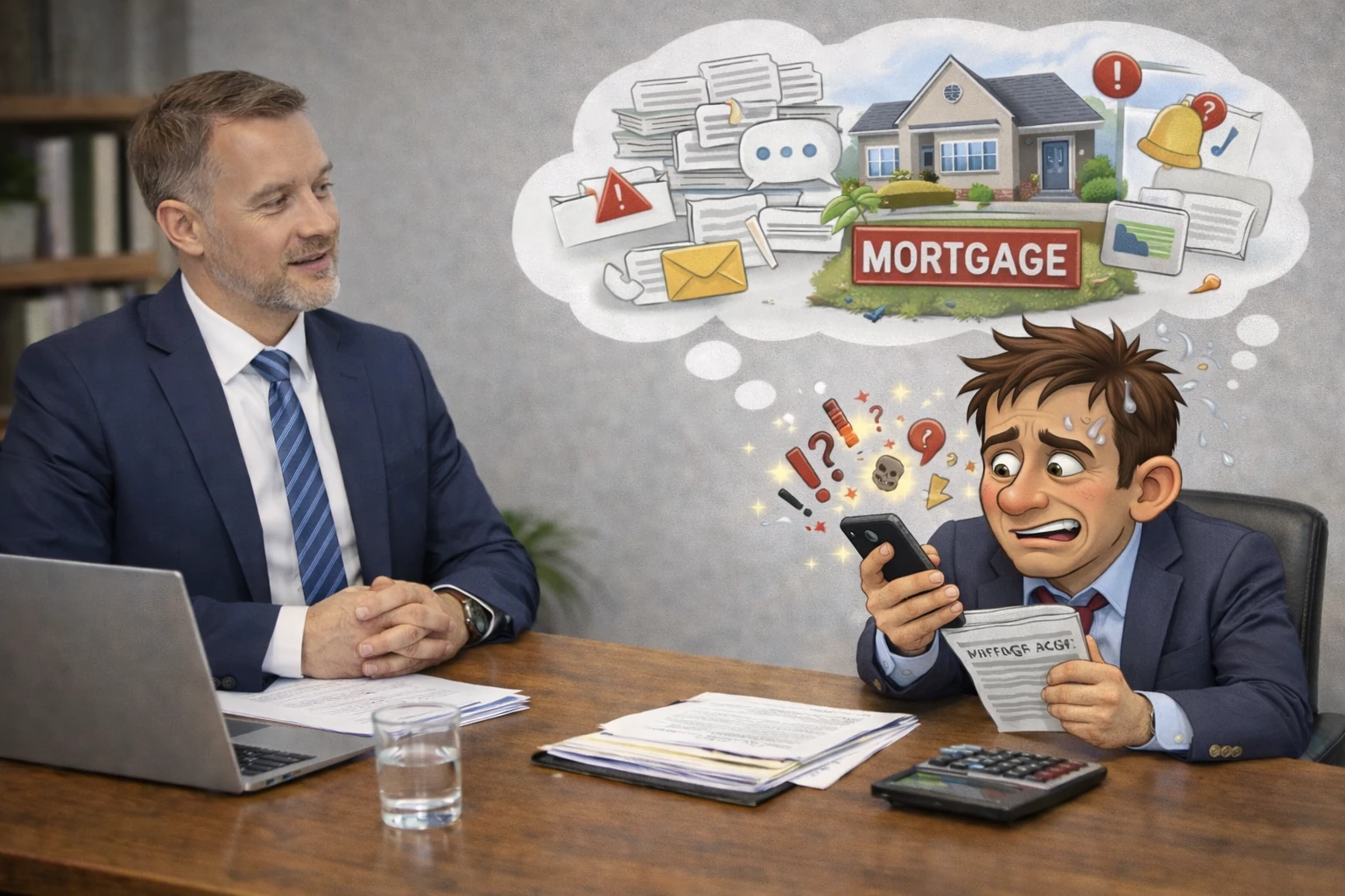 Mortgage adviser client communication during a clear one to one meeting with a client reviewing mortgage options and next steps