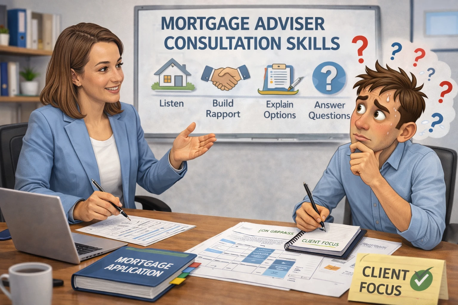 Mortgage adviser using mortgage adviser consultation skills to guide clients through a clear, trust based home buying conversation